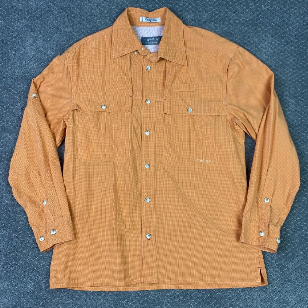Orvis Fishing Shirt Men's Medium Orange Gingham Check Trout Bum Vented Nylon